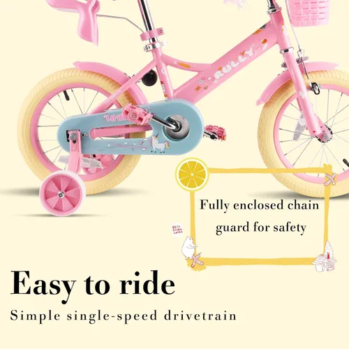 Vista 5 de RULLY Bicicleta para niños de 12, 14, 16 pulgadas, para niñas de 2 a 7 años con ruedas de entrenamiento y freno de mano delantero, bicicleta