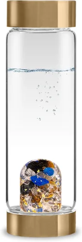 Vista 18 de VitaJuwel ViA AMERICAN DREAM Botella de agua de cristal con oro de 24k · Jaspe rojo · Ópalo blanco · Lapislázuli azul · Cuarzo transparente