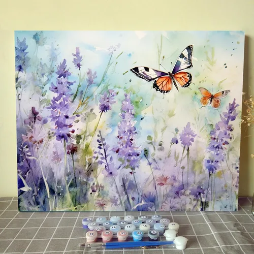 Vista 14 de Tucocoo Kits de pintura de paisaje de girasoles por números con pinceles y pigmento acrílico sobre lienzo para adultos, patrón de mariposas y flores