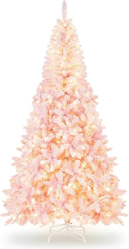 Vista 9 de DORTALA - Árbol de Navidad artificial preiluminado con copos, de 4.5 pies, con 150 luces LED blancas cálidas, 295 puntas de ramas, soporte metálico