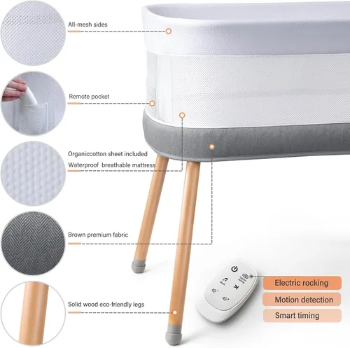 Vista 7 de VaVaSoo - Cuna mecedora automática, moisés eléctrico con 3 velocidades, cama mecedora con ruido blanco, cuna eléctrica para bebés de 0 a 6 meses