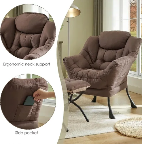 Vista 5 de HollyHOME Silla perezosa con otomana plegable, sillón cómodo y reposapiés plegable, sofá de ocio silla de lectura y reposapiés para sala de estar
