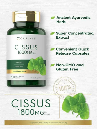 Vista 3 de Carlyle Cissus Quadrangularis 200 Cápsulas Suplemento de extracto de hierbas tradicionales Fórmula sin OMG y sin gluten