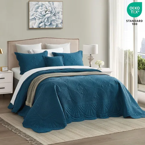 Vista 3 de DaisyHuang - Juego de cama de tamaño completo - Juego de edredón moderno y contemporáneo, costura real, reversible, ligero, 5 piezas, azul