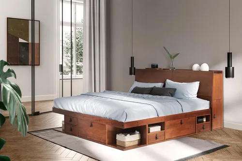 Vista 26 de Memomad Bali Set: Plataforma de almacenamiento con cajones + Cabecera con estantería (Tamaño individual, madera color marrón caramelo)
