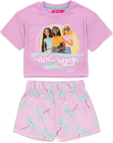 Vista 3 de Barbie Pijama corto para niñas, diseño de muñeca rosa con estampado de levantamiento y brillo, pantalones cortos elásticos para dormir