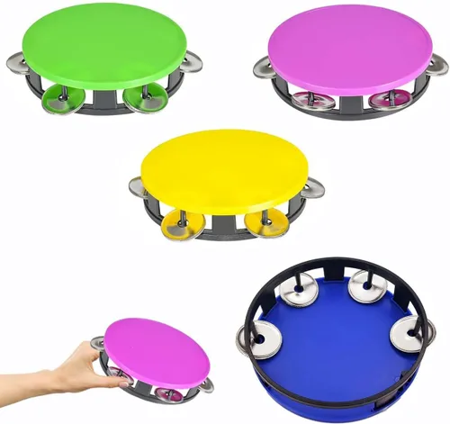 Vista 6 de The Dreidel Company - Panderetas de 3 unidades para niños, pandereta de 5.5 pulgadas de colores surtidos, anillo de metal Jingles de percusión