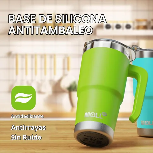 Vista 4 de Vaso de 16 onzas con asa, reutilizable, de acero inoxidable, aislado al vacío, con tapa y pajilla, para mujeres y niñas (verde manzana)