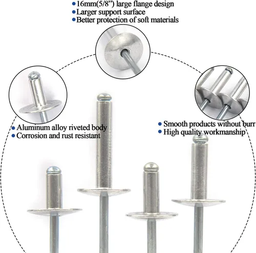 Vista 3 de 60 piezas de remaches ciegos de brida grande, aluminio, diámetro de brida 5/8" (16 mm), kit surtido de remaches emergentes remache ciego, 3/16" x