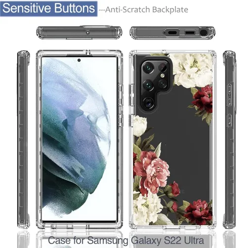 Vista 5 de Funda para Galaxy S22 Ultra 5G SM-S908U con protector de pantalla de vidrio templado, bonito patrón floral transparente, funda protectora de cuerpo