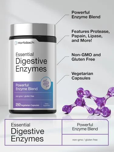 Vista 4 de Horbäach Enzimas digestivas esenciales 250 cápsulas Potente mezcla de enzimas para hombres y mujeres Suplemento sin OMG y sin gluten