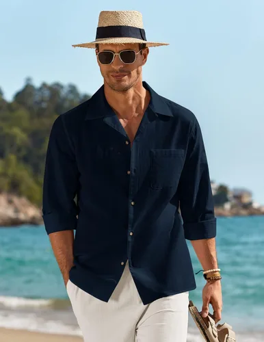 Vista 2 de COOFANDY Camisas de algodón y lino para hombre, de manga larga, casuales, con botones, para la playa
