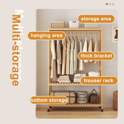 Vista 3 de Bamboo Wardrobe/Clothes Rail/Clothes Rack/Garment Rack,Free Standing Clothes Rail with Wheels,Open Wardrobe with Shelves,for Entryway Living Room