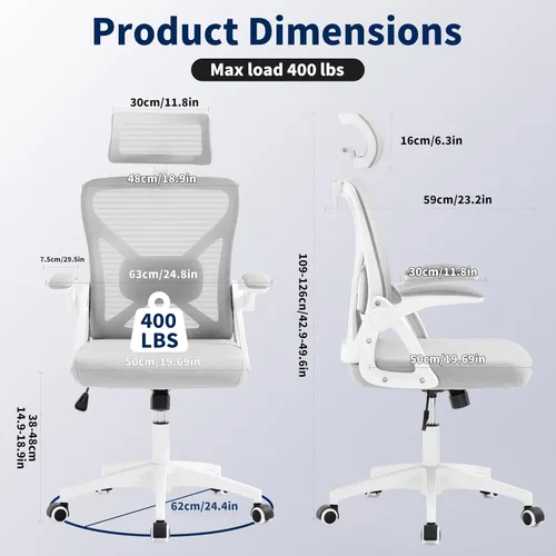 Vista 2 de Silla de Oficina, Silla de Escritorio Ergonómica con Soporte Lumbar Ajustable, Silla de Oficina Gris de 400 Libras Silla de Computadora de Malla