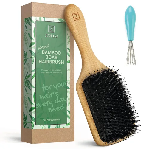 Vista 9 de Cepillo de cerdas de jabalí natural para mujeres, hombres y niños; cepillo desenredante seco y húmedo mejora suavemente el brillo, suaviza