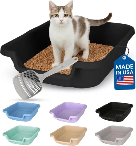 Vista 25 de KittyGoHere - Caja de arena para gatos mayores, sartén pequeña con cuchara jumbo de mango largo, caja de arena para gatos de entrada baja, ligera