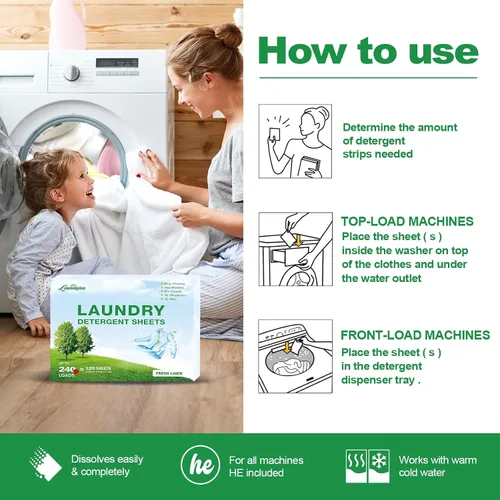 Vista 6 de Hoja de detergente para ropa, tiras de lavado ecológicas e hipoalergénicas Ingredientes naturales, ultraconcentrados, listos para viajar, sin