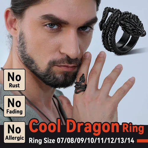 Vista 2 de FaithHeart Anillos de dragón punk para hombres y mujeres, acero inoxidable, chapado en oro de 18 quilates, joyería de mitología nórdica con delicado