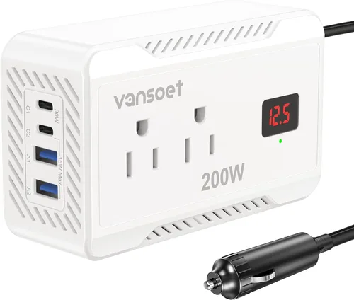 Vista 9 de Inversor de corriente de 200W para automóvil, DC 12V a 110V AC, convertidor con [PD 30W y 15W] USB C de carga rápida/3.0A, puertos de carga USB