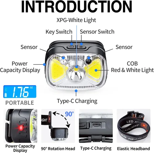 Vista 4 de Linterna frontal roja recargable tipo C, 1200 lúmenes, 14 modos, lámpara de cabeza de luz blanca ultra brillante con sensor de movimiento, IPX4