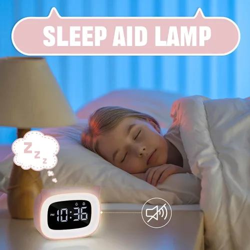 Vista 6 de Reloj despertador de gato rosa con luz nocturna para niños Small Alarm Clock, OK to Wake, Toddlers Clock, Birthday Gift for Boy Girls Children