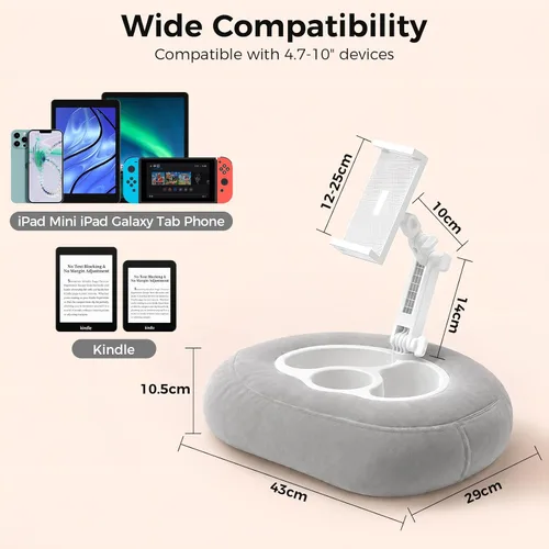 Vista 8 de Soporte de almohada para tableta para cama y sofá, soporte manos libres para Kindle y iPad con brazo ajustable de 360°, almohada de regazo suave