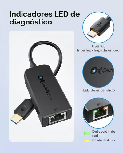 Vista 5 de Cable Matters Adaptador de USB 3.1 Tipo C (USB-C & Thunderbolt compatible con 3 Puertos) a RJ45 Gigabit Ethernet LAN, Negro