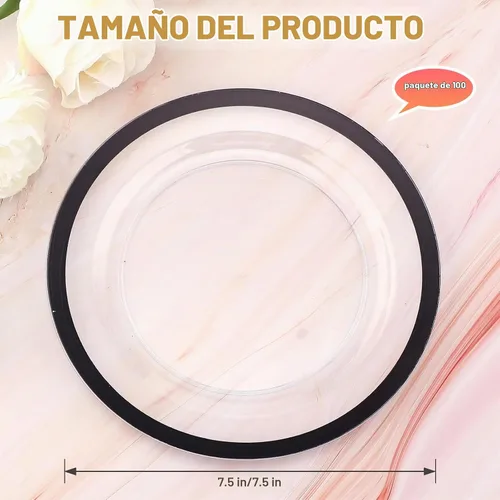Vista 2 de Tanlade 100 platos de plástico negro transparente a granel de 7.5 pulgadas desechables de alta resistencia con borde rojo redondo ensalada postre