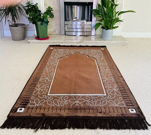 Vista 8 de Mihrab - Tapete de oración de terciopelo de lujo con estampado, 26.46 oz, peso Fabricado en Turquía (café)