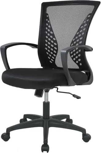 Vista 8 de Silla de oficina FDW para el hogar, con respaldo de altura media, para computadora, con soporte lumbar giratorio, ajustable, para trabajo, Negro