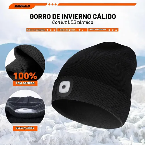 Vista 4 de MANWALD Gorro de LED con luz, gorro con linterna recargable por USB, regalos para Navidad, calcetines de navidad para hombres, Negro, Talla única