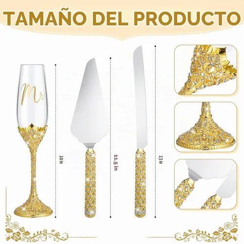 Vista 2 de Sratte - Juego de 4 cuchillos para pastel de boda y copas de champán, color dorado Toasting Crystal Rhinestone Champagne Flutes, Glasses Cake