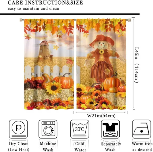 Vista 2 de Divertidas cortinas opacas de calabaza y espantapájaros para sala de estar, rústicas de otoño, hojas de arce, girasol, cosecha de otoño, puesta