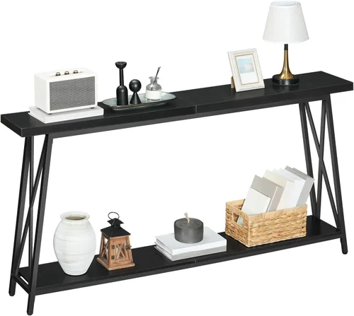 Vista 8 de MAHANCRIS Mesa consola, mesa de entrada industrial de 63 pulgadas, mesa de sofá extra larga de 2 niveles detrás del sofá, soporte en forma de X