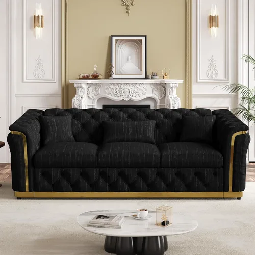 Vista 16 de Sofá Chesterfield de terciopelo de 62.5 pulgadas con respaldo copetudo y detalles dorados, beige Blanco