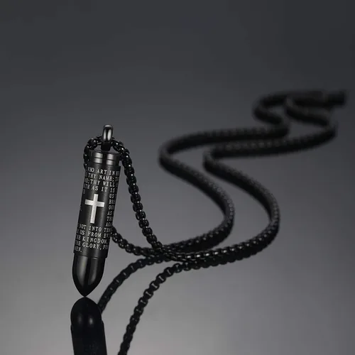 Vista 4 de Moniya - Collar con dije de acero inoxidable con forma de bala como urna para cenizas y oración estampada en inglés cadena de 22 pulgadas