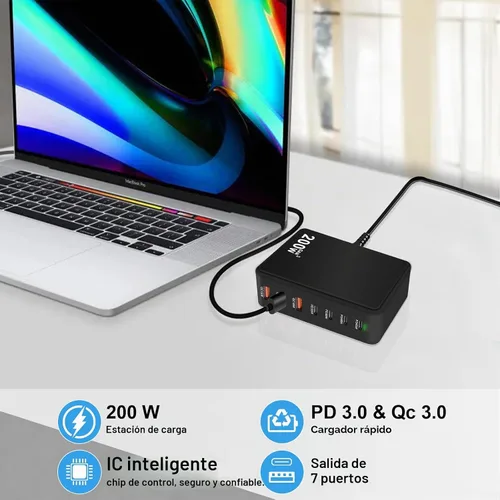 Vista 3 de Bloque de carga USB C de 200 W, 7 puertos GaN, estación de bloque de carga rápida, multipuerto PD QC3.0 Hub de ladrillo compatible con laptop