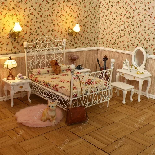 Vista 4 de iLAND Muebles de Casa de Muñecas Victorianos a Escala 1:12, Set de Cama de Casa de Muñecas 5 piezas