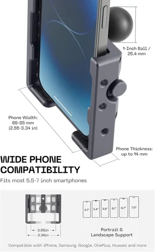 Vista 3 de FANAUE Soporte para Teléfono de Aleación de Aluminio con Bola de 1" para Teléfonos Inteligentes con un Ancho de 2.3" a 3.4", Compatible con Brazos