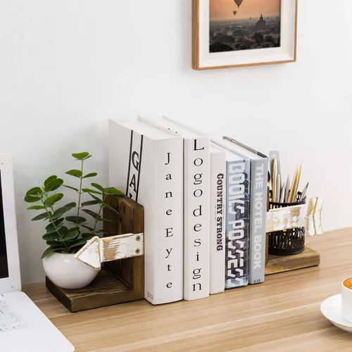 Vista 2 de MyGift Sujetalibros de granja, cocina rústica con extremos de libros, soportes de soporte de mesa bohemios, diseño de flecha blanqueada y madera