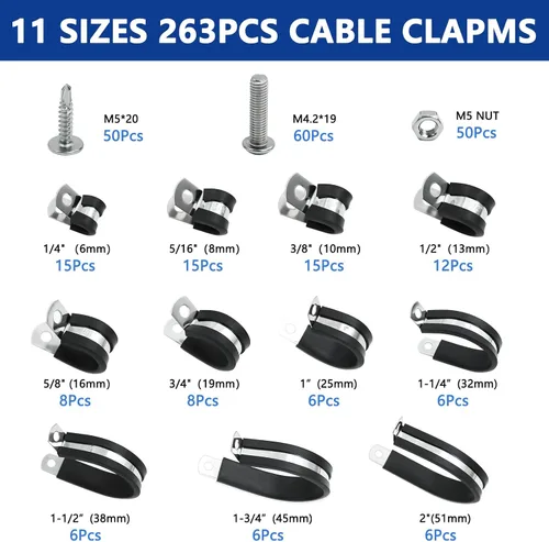 Vista 2 de Kit surtido de 263 abrazaderas de cable, 11 tamaños 304 de acero inoxidable con aislamiento de goma acolchada abrazadera de tubo de 1/4" 5/16" 3/8