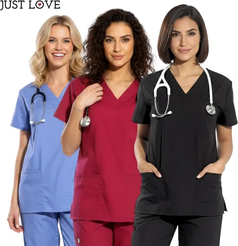 Vista 5 de Just Love Juego de uniforme médico para mujer de seis bolsillos con cuello en V y pantalón cargo