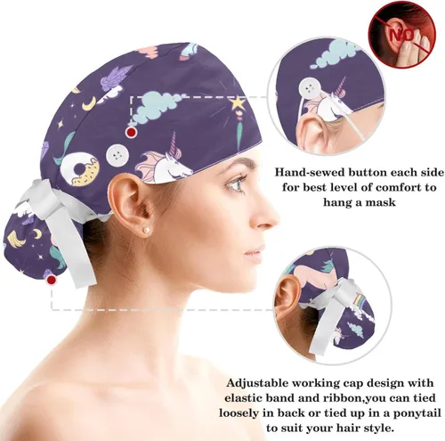 Vista 3 de Myth Unicorns Rainbow Cloud Magic Adjustable Women Scrub Cap with Buttons Bow Hair Scrunchy Sweatband