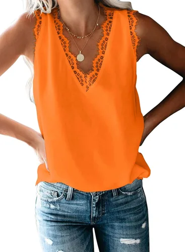 Vista 41 de VIISHOW - Camiseta sin mangas, sexy, con cuello en V y bordes de encaje para mujer, camisola de vestir, camisas de gasa, sin mangas, casuales