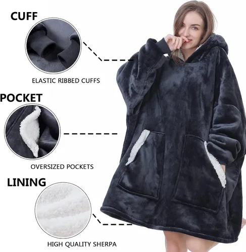 Vista 3 de Kipswiza Manta Ponible con Capucha para Mujeres y Hombres, Sudadera de Mantas con Capucha de Sherpa Suave y Acogedora Extragrande como Regalos