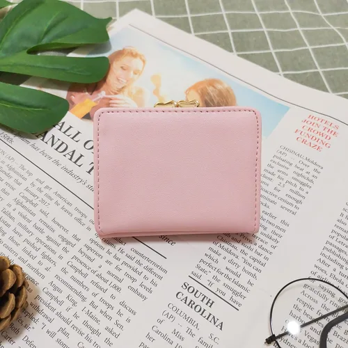 Vista 4 de Monedero con estampado de frutas para mujer, monedero de tres pliegues con múltiples tarjetas, Rosado