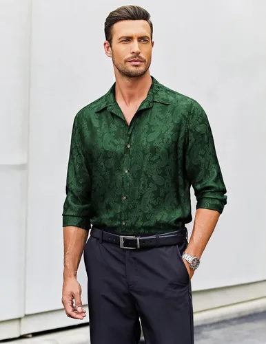 Vista 2 de COOFANDY Camisa de vestir con estampado floral para hombre, camisas de manga larga con botones de cachemira para boda, fiesta, baile de graduación