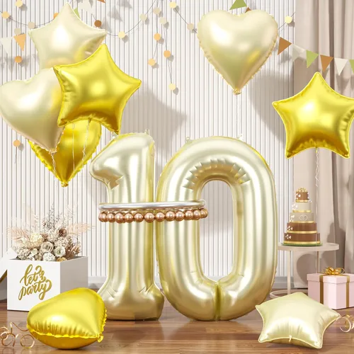 Vista 56 de Globos dorados de color champán con el número 11, globos de oro claro, globo de aluminio dorado con forma de corazón con estrella y globo largo