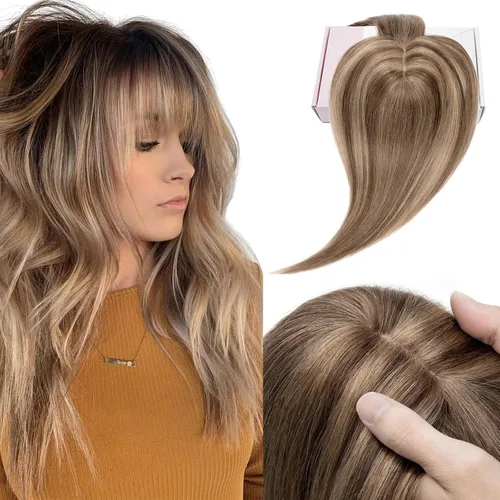 Vista 10 de Elailite Pelucas para mujeres con flequillo, cabello humano real, topper con cabello delgado, 13 cm x 7 cm, base de seda, clip en piezas de cabello