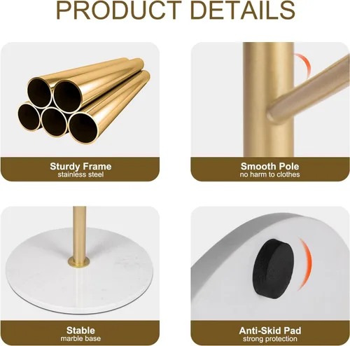 Vista 2 de ZOZOE Perchero de metal independiente, perchero dorado con base de mármol natural resistente, soporte moderno y estable con 8 ganchos, soporte